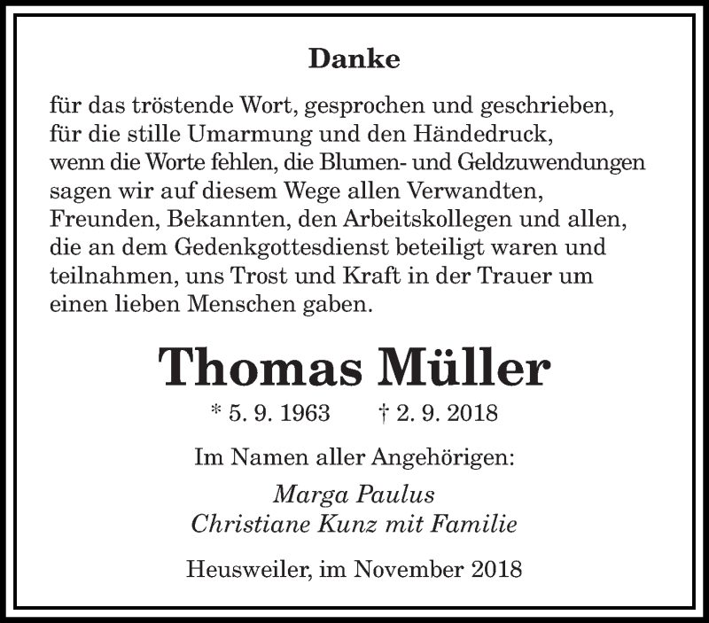  Traueranzeige für Thomas Müller vom 03.11.2018 aus saarbruecker_zeitung