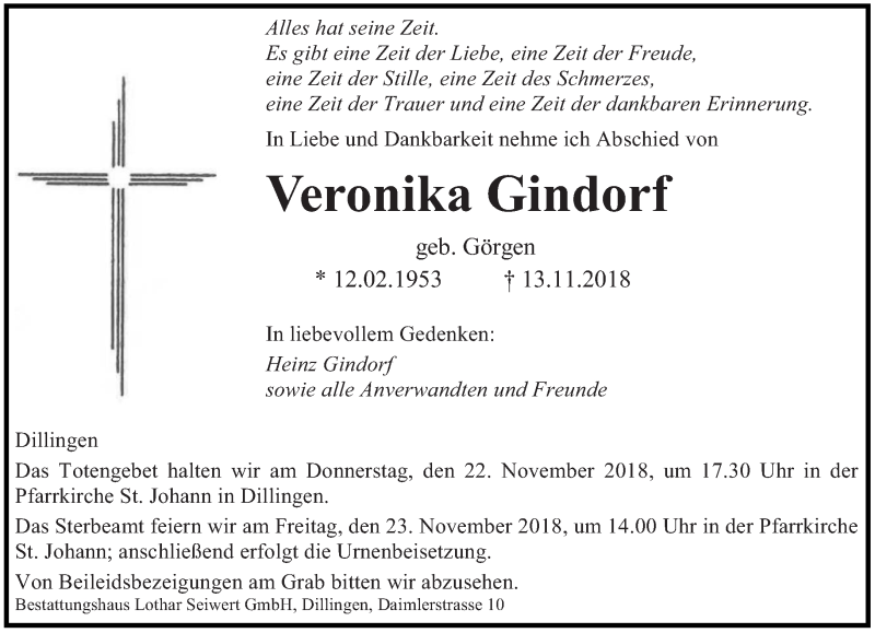  Traueranzeige für Veronika Gindorf vom 21.11.2018 aus saarbruecker_zeitung