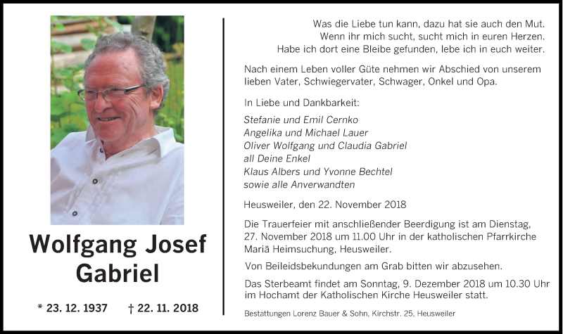  Traueranzeige für Wolfgang Josef Gabriel vom 24.11.2018 aus saarbruecker_zeitung