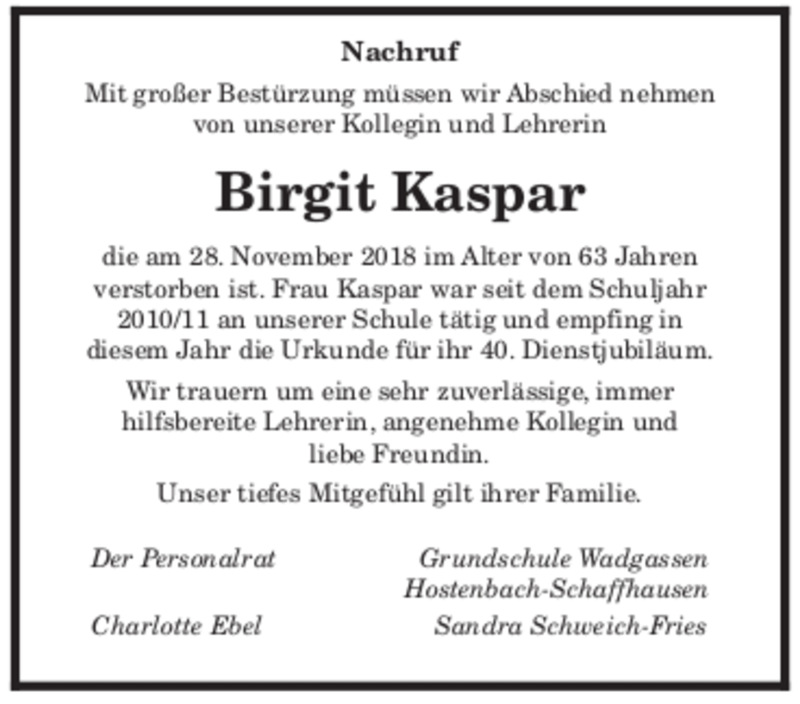  Traueranzeige für Birgit Kaspar vom 08.12.2018 aus Saarbrücker Zeitung