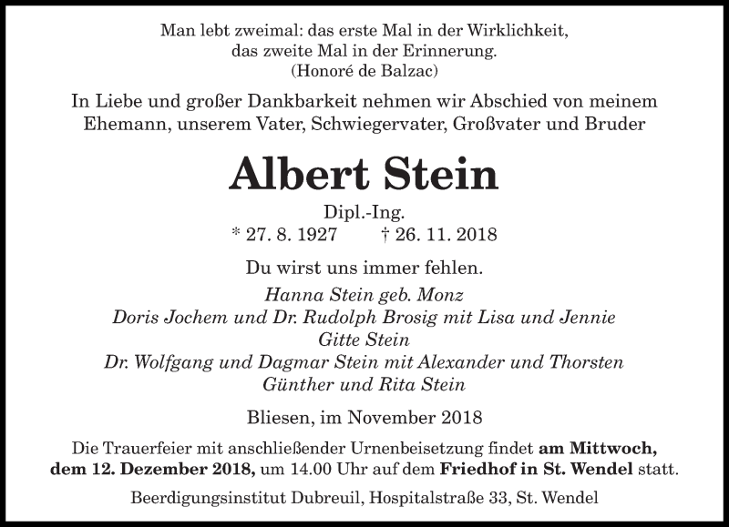  Traueranzeige für Albert Stein vom 01.12.2018 aus saarbruecker_zeitung