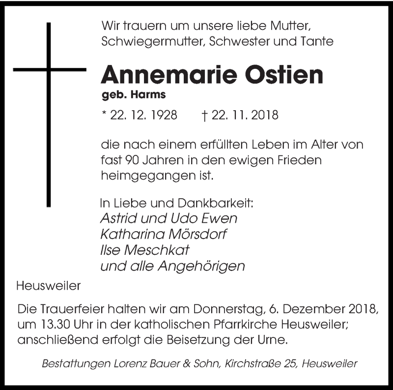  Traueranzeige für Annemarie Ostien vom 01.12.2018 aus saarbruecker_zeitung