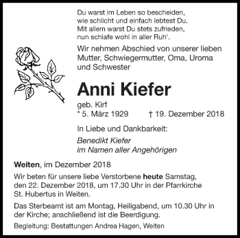 Traueranzeige von Anni Kiefer von saarbruecker_zeitung