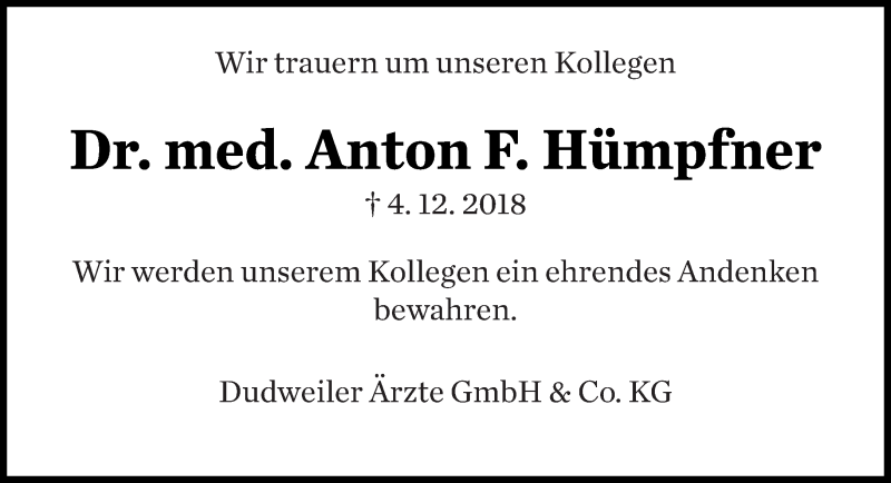  Traueranzeige für Anton F. Hümpfner vom 08.12.2018 aus saarbruecker_zeitung