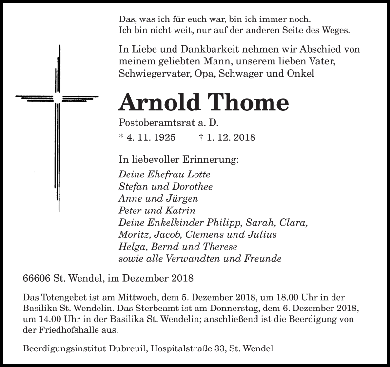  Traueranzeige für Arnold Thome vom 04.12.2018 aus saarbruecker_zeitung