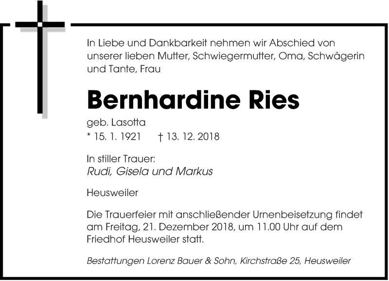  Traueranzeige für Bernhardine Ries vom 19.12.2018 aus saarbruecker_zeitung