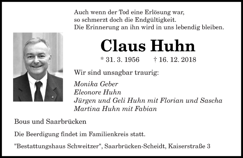  Traueranzeige für Claus Huhn vom 22.12.2018 aus saarbruecker_zeitung