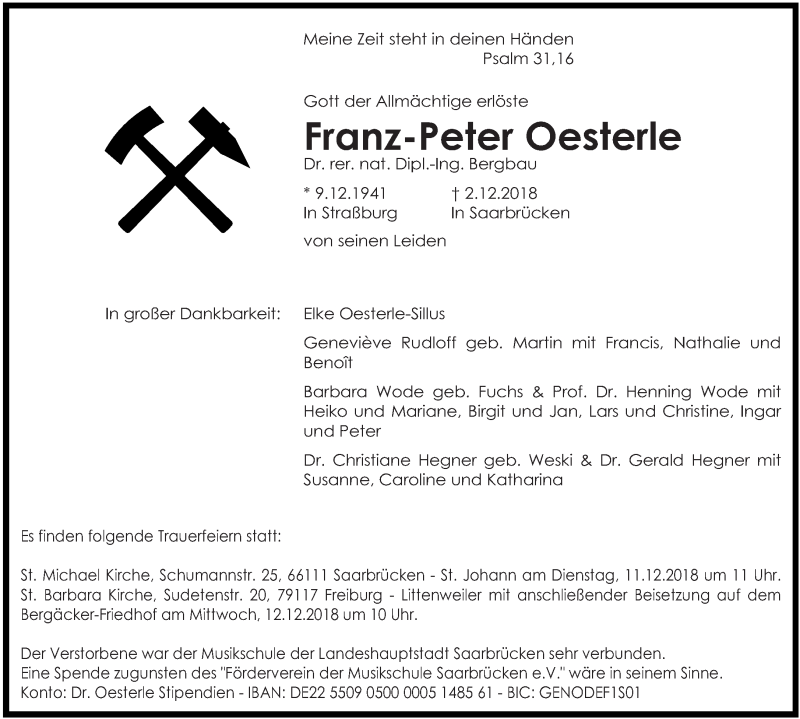  Traueranzeige für Franz-Peter Oesterle vom 08.12.2018 aus saarbruecker_zeitung