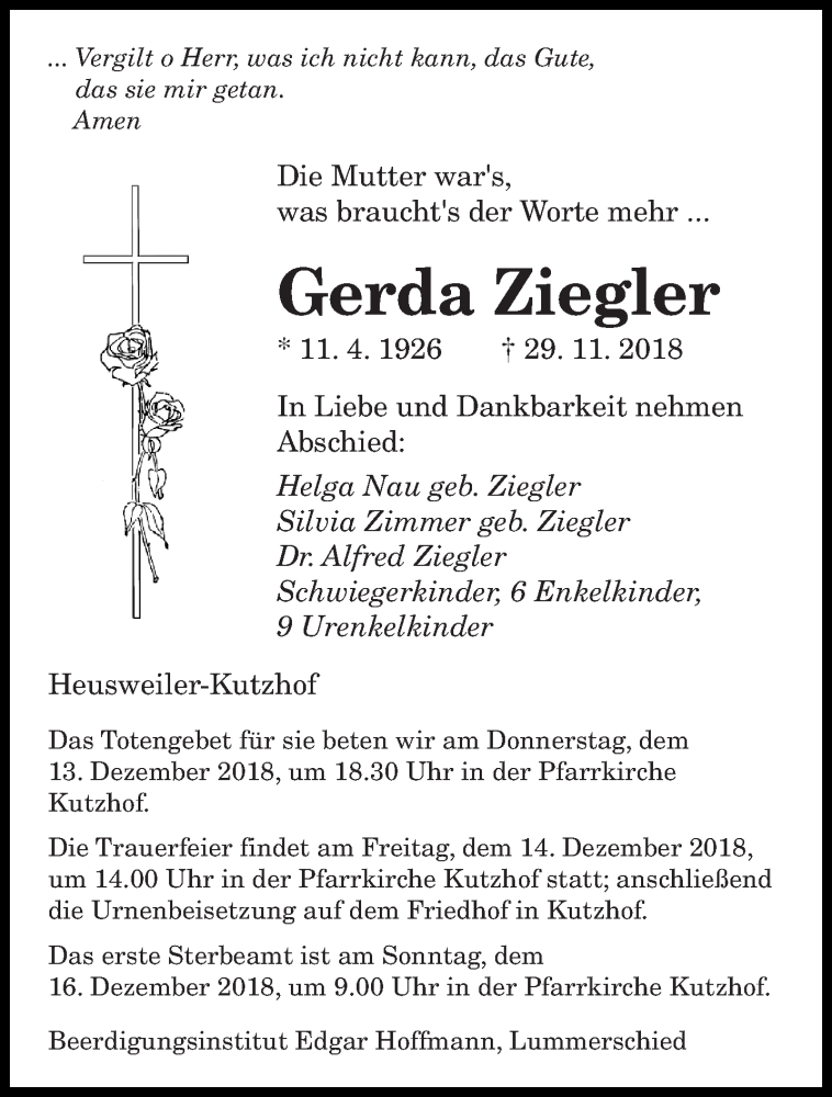  Traueranzeige für Gerda Ziegler vom 08.12.2018 aus saarbruecker_zeitung