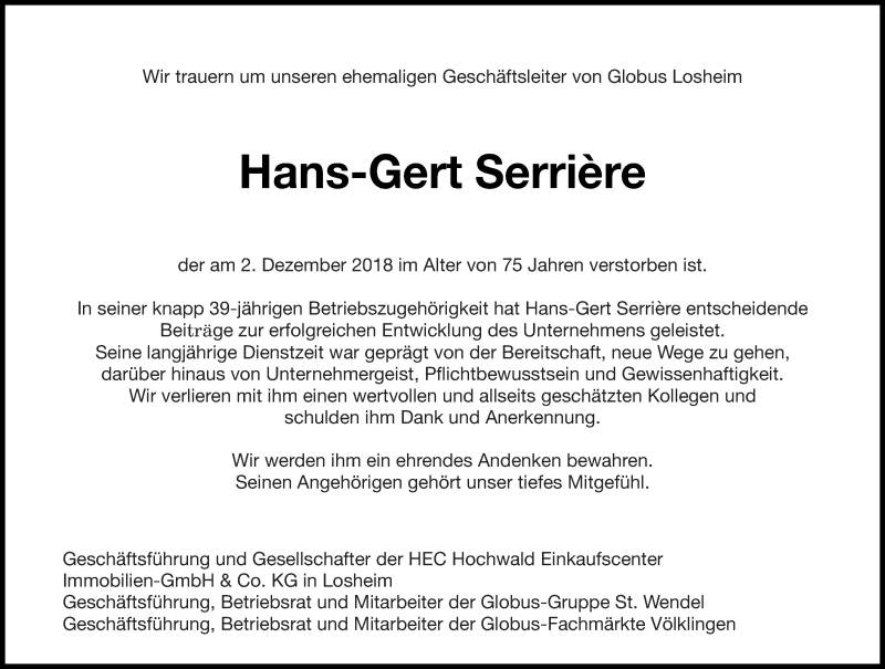  Traueranzeige für Hans-Gert Serrière vom 06.12.2018 aus saarbruecker_zeitung