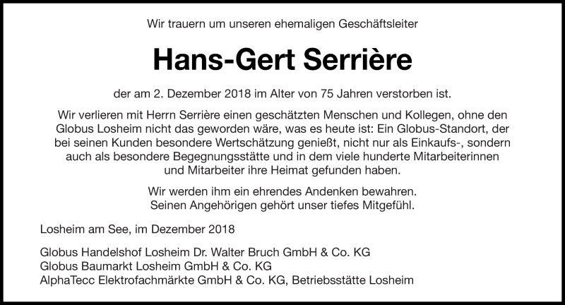  Traueranzeige für Hans-Gert Serrière vom 06.12.2018 aus saarbruecker_zeitung