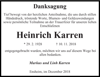 Traueranzeige von Heinrich Karren von saarbruecker_zeitung