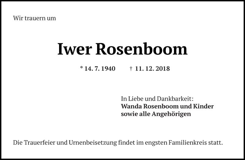  Traueranzeige für Iwer Rosenboom vom 14.12.2018 aus saarbruecker_zeitung