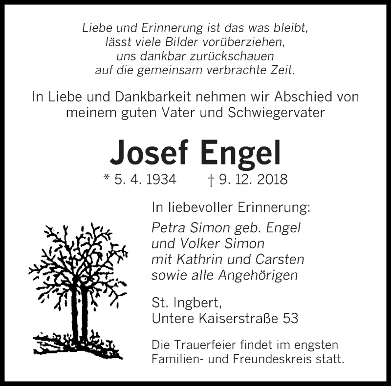  Traueranzeige für Josef Engel vom 15.12.2018 aus saarbruecker_zeitung