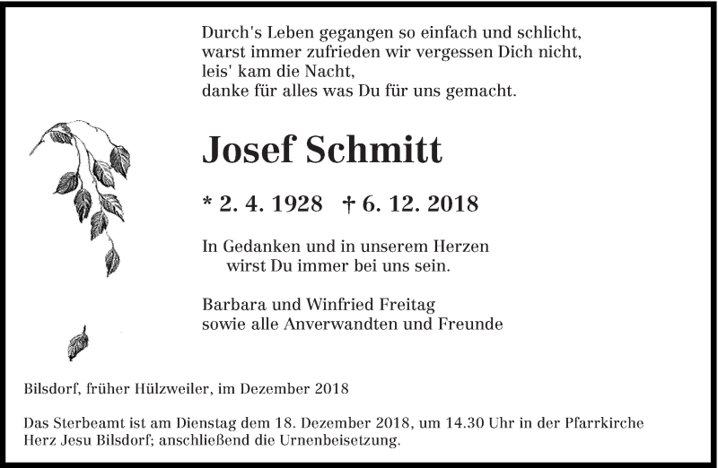  Traueranzeige für Josef Schmitt vom 14.12.2018 aus saarbruecker_zeitung