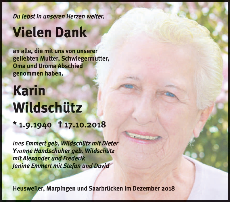  Traueranzeige für Karin Wildschütz vom 01.12.2018 aus saarbruecker_zeitung