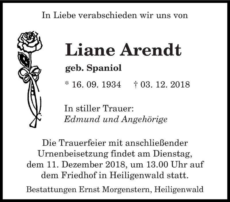  Traueranzeige für Liane Arendt vom 08.12.2018 aus saarbruecker_zeitung