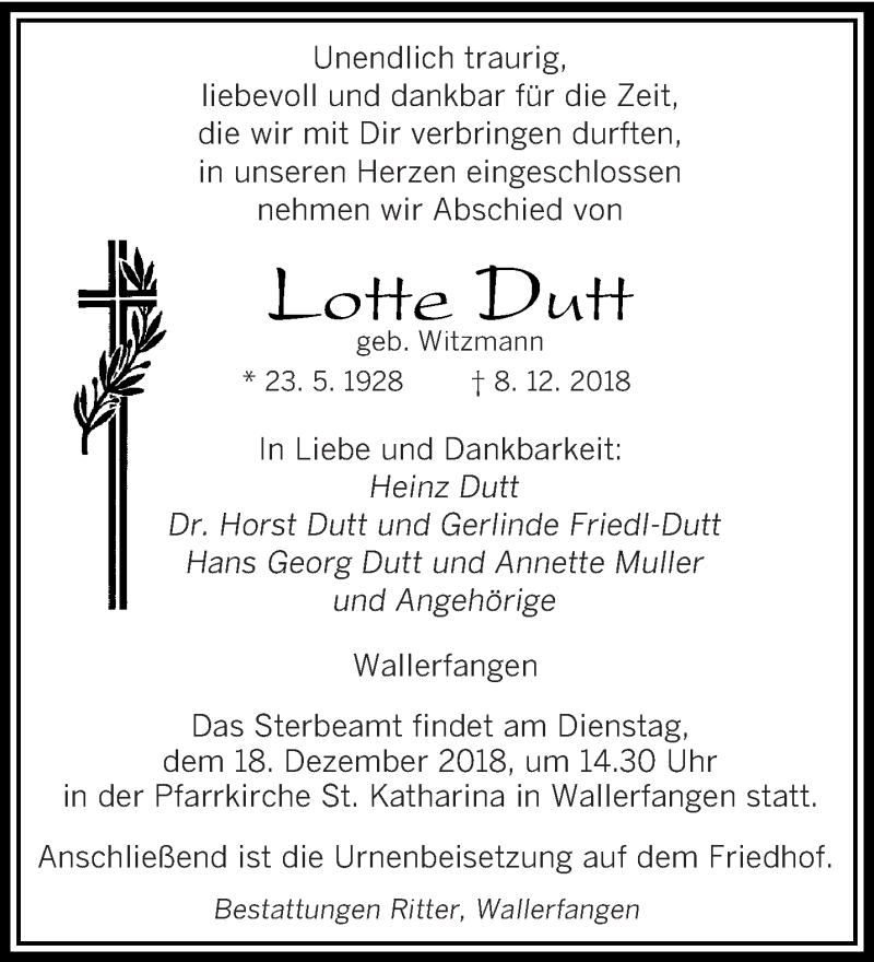  Traueranzeige für Lotte Dutt vom 15.12.2018 aus saarbruecker_zeitung