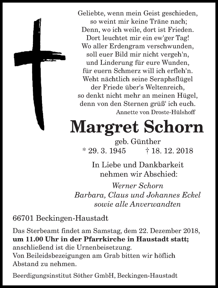 Traueranzeige für Margret Schorn vom 20.12.2018 aus saarbruecker_zeitung