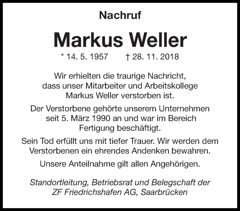  Traueranzeige für Markus Weller vom 13.12.2018 aus saarbruecker_zeitung