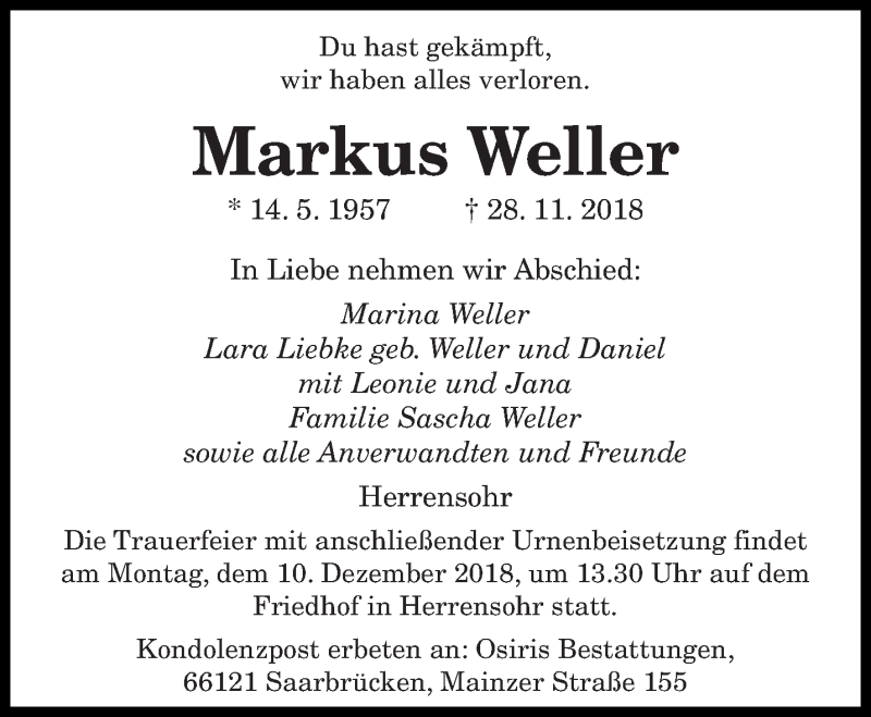  Traueranzeige für Markus Weller vom 01.12.2018 aus saarbruecker_zeitung