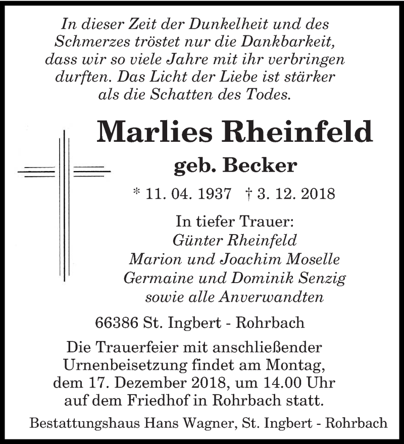  Traueranzeige für Marlies Rheinfeld vom 14.12.2018 aus saarbruecker_zeitung