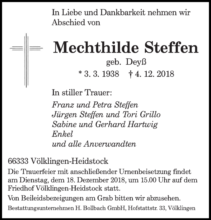  Traueranzeige für Mechthilde Steffen vom 15.12.2018 aus saarbruecker_zeitung