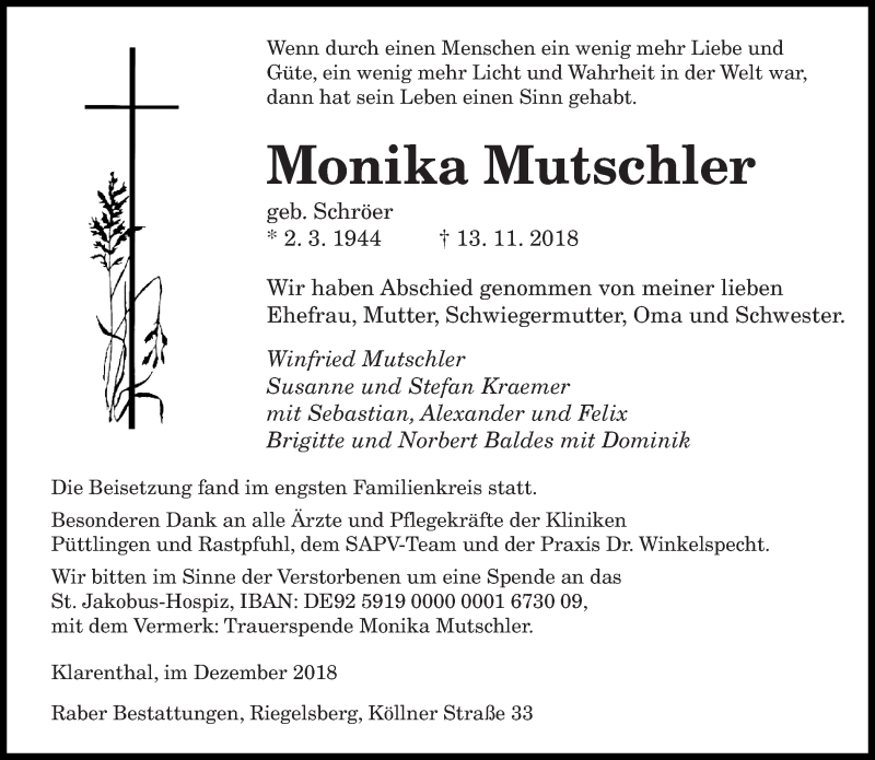  Traueranzeige für Monika Mutschler vom 06.12.2018 aus saarbruecker_zeitung