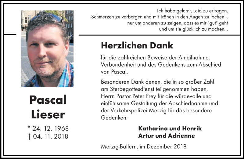  Traueranzeige für Pascal Lieser vom 07.12.2018 aus saarbruecker_zeitung
