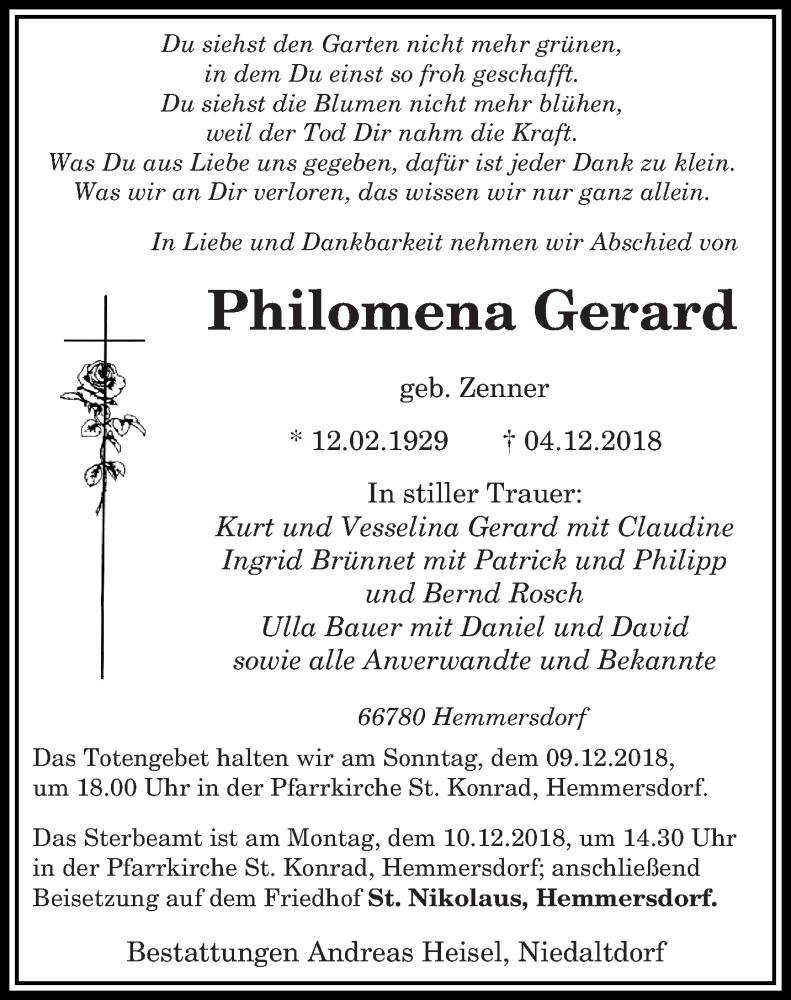  Traueranzeige für Philomena Gerard vom 07.12.2018 aus saarbruecker_zeitung