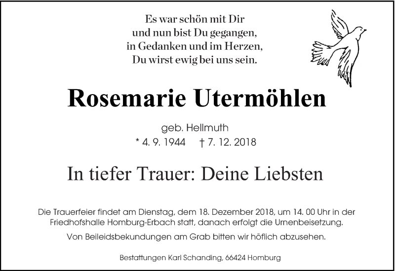  Traueranzeige für Rosemarie Utermöhlen vom 13.12.2018 aus saarbruecker_zeitung