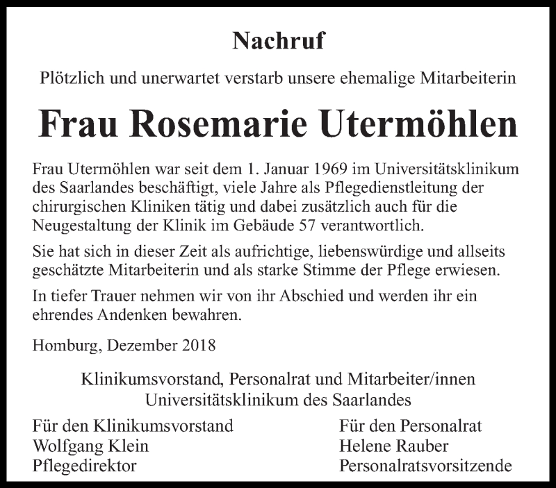  Traueranzeige für Rosemarie Utermöhlen vom 14.12.2018 aus saarbruecker_zeitung