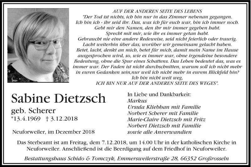 Traueranzeige für Sabine Dietzsch vom 06.12.2018 aus saarbruecker_zeitung
