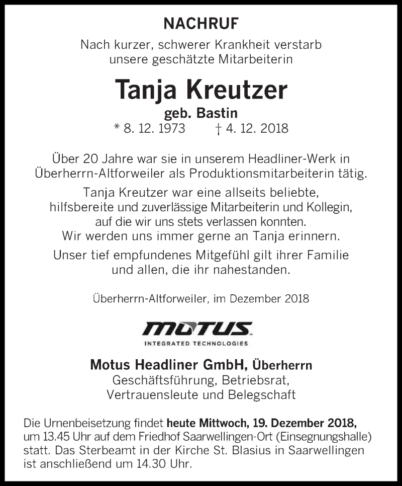  Traueranzeige für Tanja Kreutzer vom 19.12.2018 aus saarbruecker_zeitung