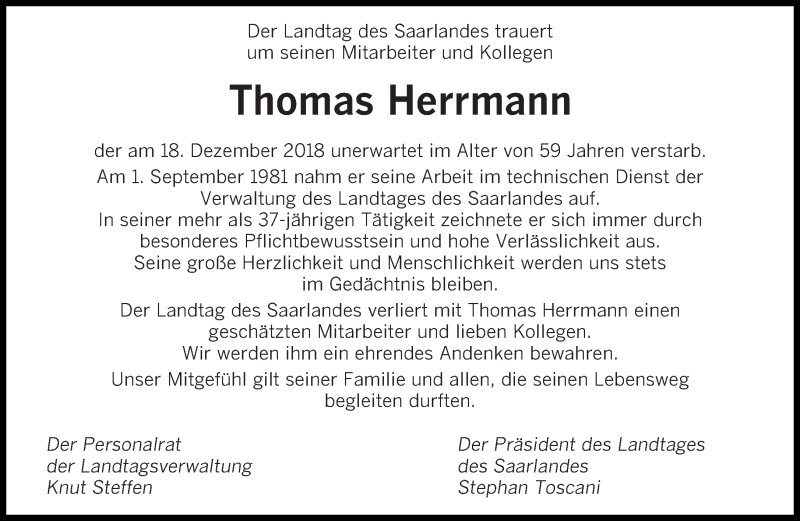  Traueranzeige für Thomas Herrmann vom 22.12.2018 aus saarbruecker_zeitung