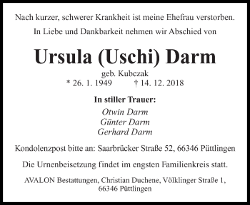 Traueranzeige von Ursula  Darm von saarbruecker_zeitung