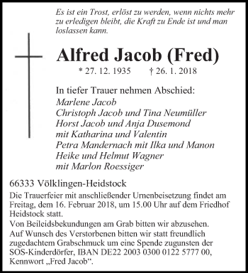 Traueranzeige von Alfred Jacob von saarbruecker_zeitung