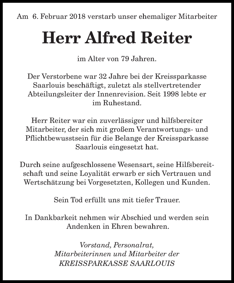  Traueranzeige für Alfred Reiter vom 16.02.2018 aus saarbruecker_zeitung