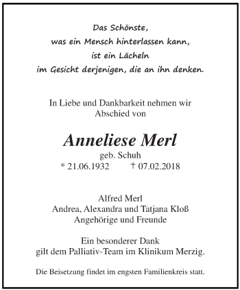 Traueranzeige von Anneliese Merl von saarbruecker_zeitung