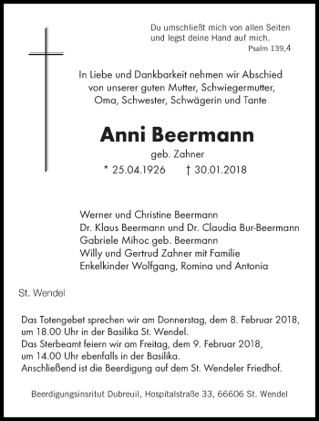 Traueranzeige von Anni Beermann von saarbruecker_zeitung