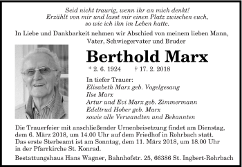 Traueranzeige von Berthold Marx von saarbruecker_zeitung