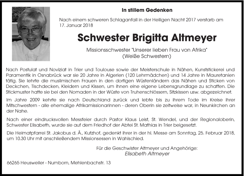  Traueranzeige für Brigitta Altmeyer vom 10.02.2018 aus saarbruecker_zeitung