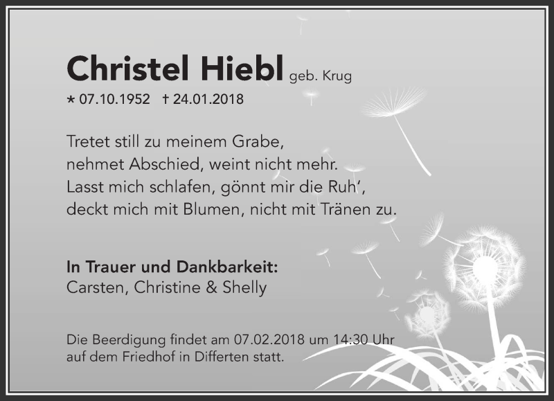  Traueranzeige für Christel Hiebl vom 03.02.2018 aus saarbruecker_zeitung