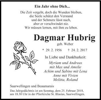 Traueranzeige von Dagmar Hubrig von saarbruecker_zeitung