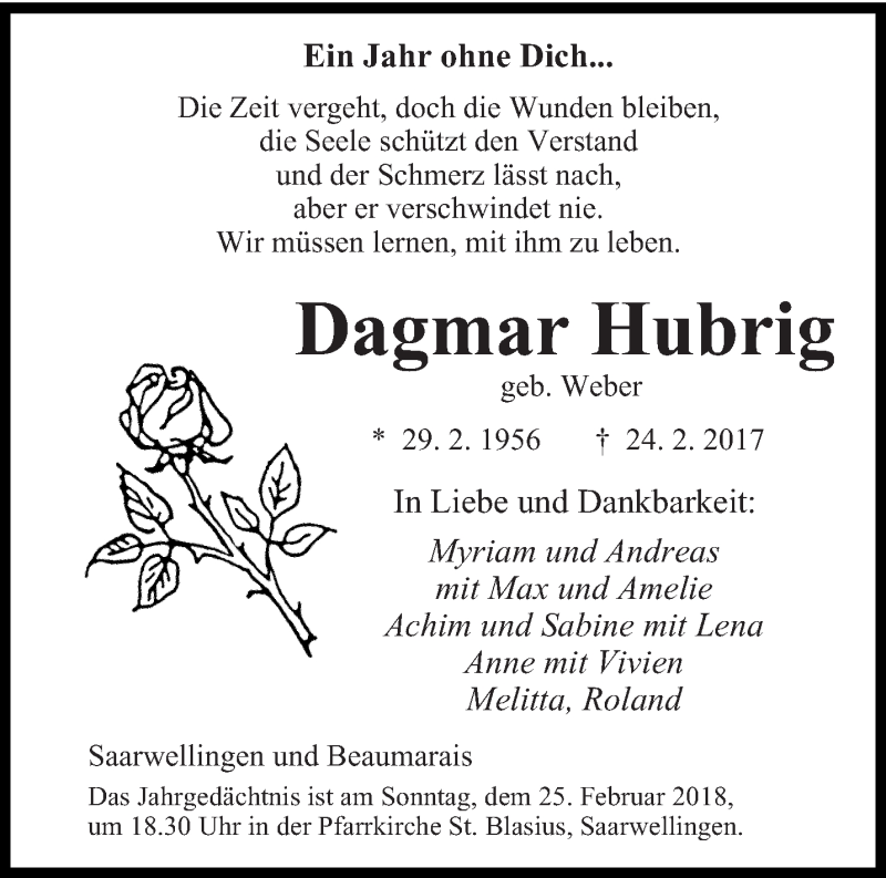  Traueranzeige für Dagmar Hubrig vom 19.02.2018 aus saarbruecker_zeitung
