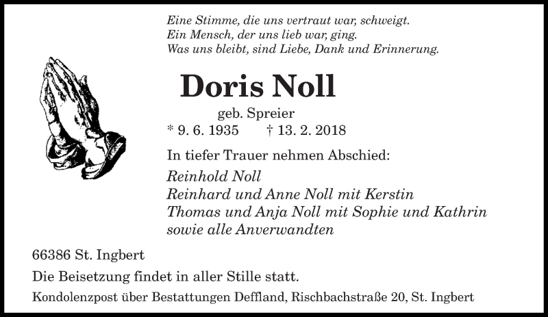  Traueranzeige für Doris Noll vom 24.02.2018 aus saarbruecker_zeitung