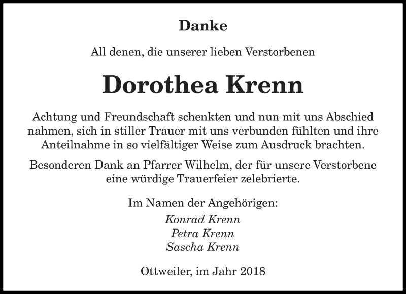  Traueranzeige für Dorothea Krenn vom 10.02.2018 aus saarbruecker_zeitung