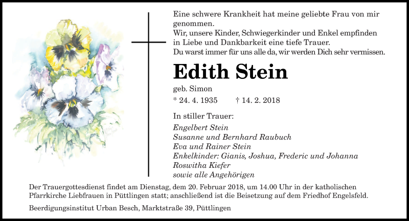  Traueranzeige für Edith Stein vom 17.02.2018 aus saarbruecker_zeitung