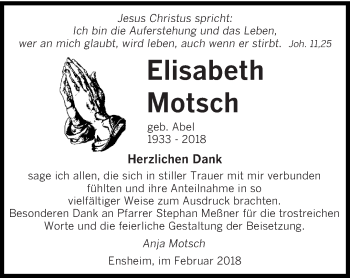 Traueranzeige von Elisabeth Motsch von saarbruecker_zeitung