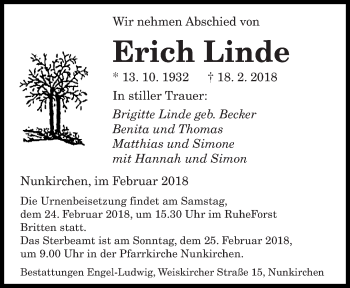 Traueranzeige von Erich Linde von saarbruecker_zeitung